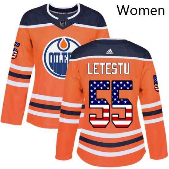 Womens Adidas Edmonton Oilers 55 Mark Letestu Authentic Orange USA Flag Fashion NHL Jersey